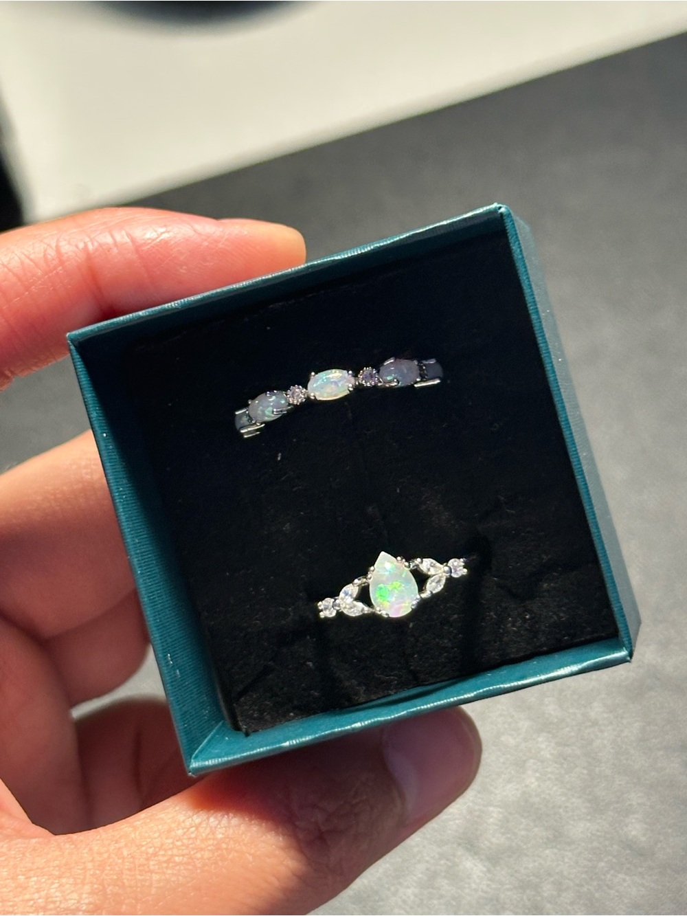 Faux Opal Teardrop Sterling Silver Ring with Faux Opal Eternity Band